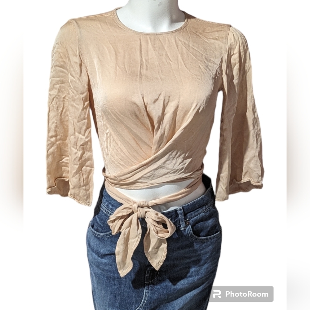 Zara Satin Wrap Tie Blouse Bell Sleeve Crop Top Beige Nude Small